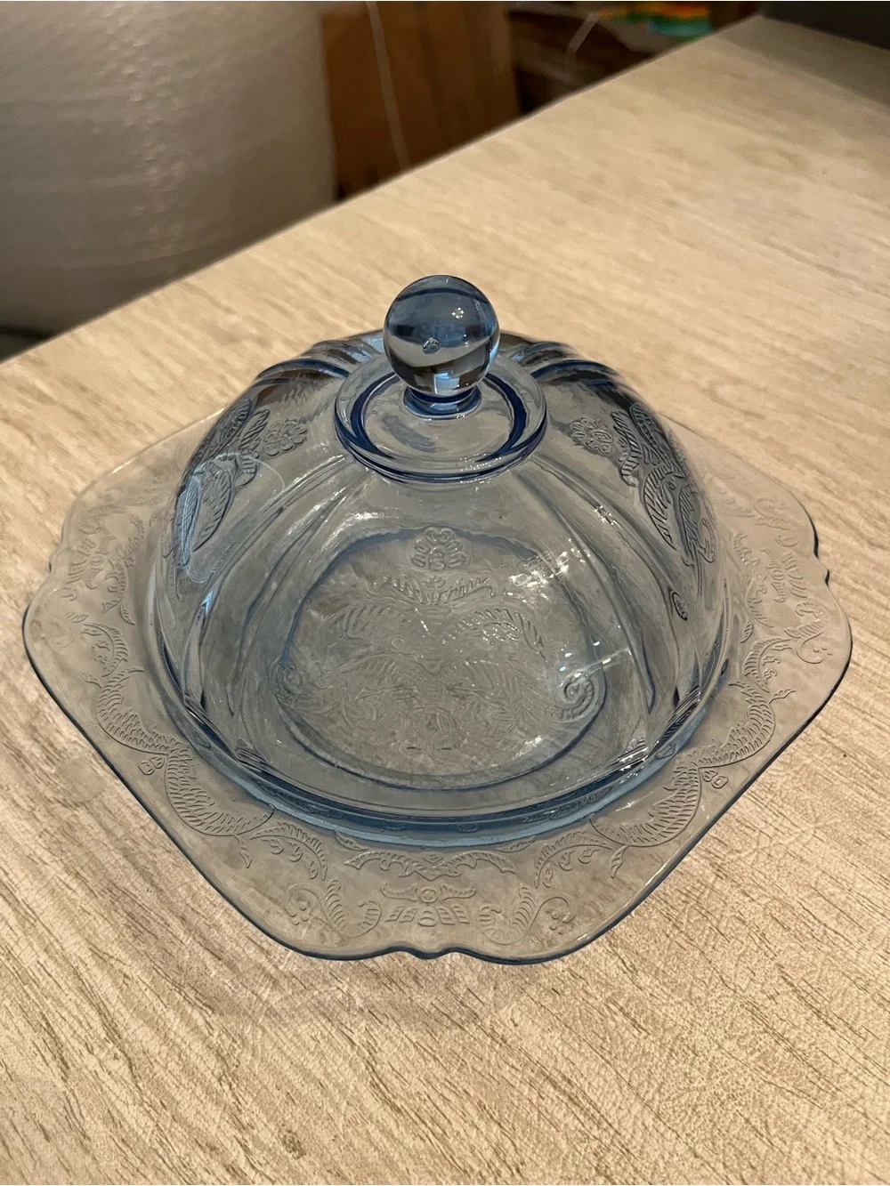 Vintage Blue Depression Glass Madrid Butter Dish Fairy Lamp